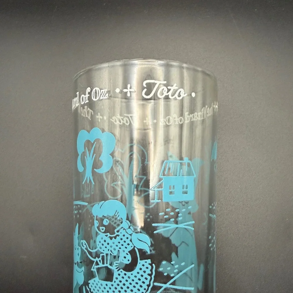 Vintage Wizard of Oz‎ Toto Teal Blue Glass Tumbler Wavy Bottom S&Co